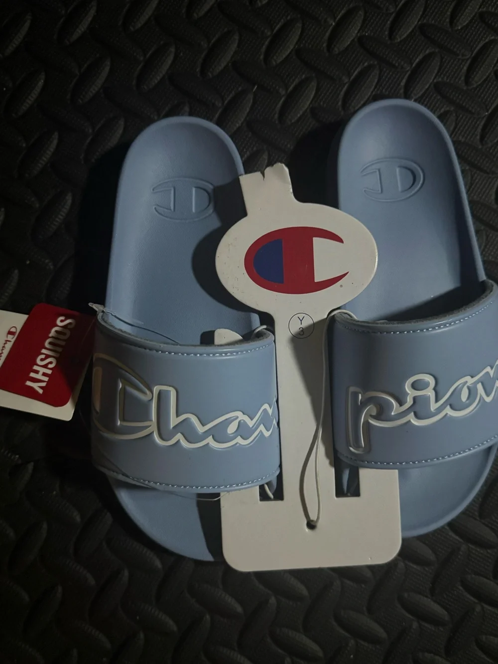 Kids size 3 Champion Light Blue Slide Sandals with White Logo NWT